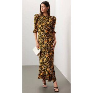 Rhode Felix Baroque Print Midi Dress Yellow Black Womens US 2 $595 [jb]